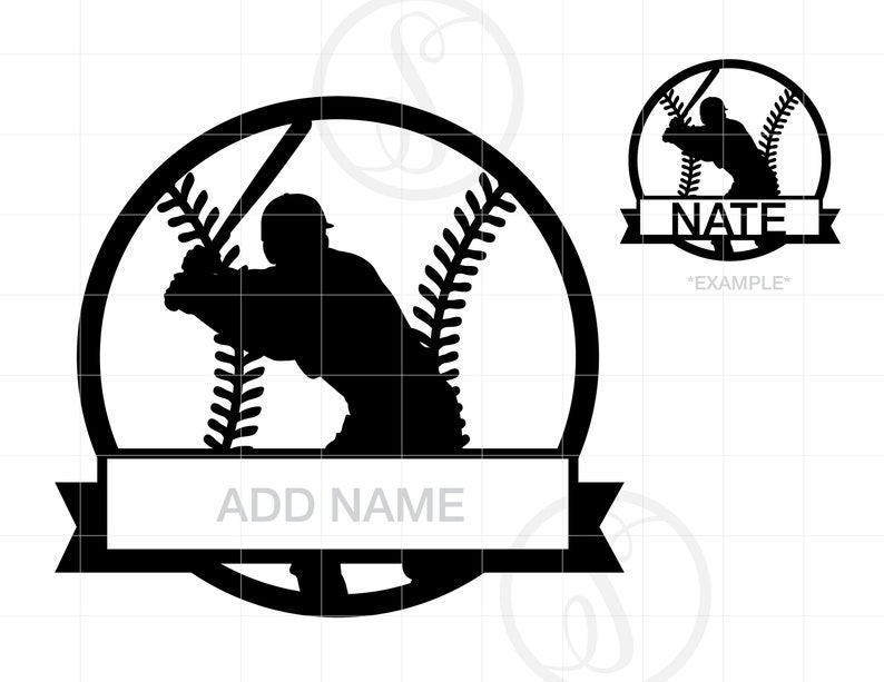 Pode incluir: Silhueta preta e branca de um jogador de beisebol com um taco, dentro de um c&iacute;rculo com um padr&atilde;o de pontos de beisebol. Uma faixa abaixo diz "ADD NAME".