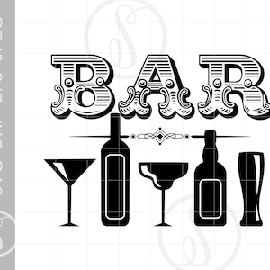 BAR SVG Art Design | Bar Bottles Glasses SVG Dxf Eps | Bar Sign Cut File Downloads l Bar Silhouette Art SC512