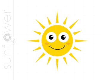 Op de afbeelding: Een gele cartoonzon met een glimlachend gezicht, grote ogen en roze wangen. De zon heeft een gele omtrek en stralen.