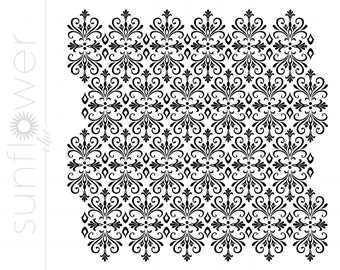 May include: Black and white damask pattern with intricate swirls and diamond shapes. The pattern is repeated throughout the image.