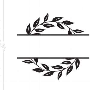 May include: Black and white silhouette of a split monogram frame with a leafy branch design on the top and bottom.