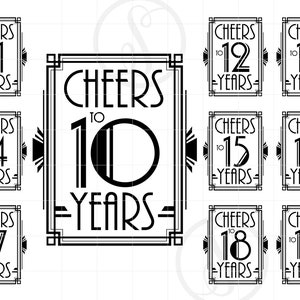 Art Deco proost op 10-19 jaar SVG Silhouet Clipart | Proost op jaar 10-19 Cut File | Gatsby Stijl Ontwerp Svg Jpg Dxf Pdf Png SC1628