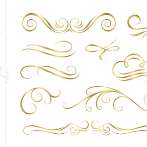 Op de afbeelding: Een set van tien gouden decoratieve swirls en versieringen. Deze sierlijke ontwerpen kunnen worden gebruikt voor scrapbooking, kaart maken, uitnodigingen en andere knutselprojecten.