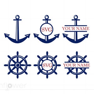 May include: Set of six SVG cut files featuring nautical themes.  The designs include anchors and ship wheels with the text "SVG" and "Your Name".