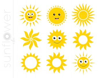 May include: Nine yellow sunflower illustrations with different designs. Some have smiling faces, others have blank circles in the center. All have a yellow background.