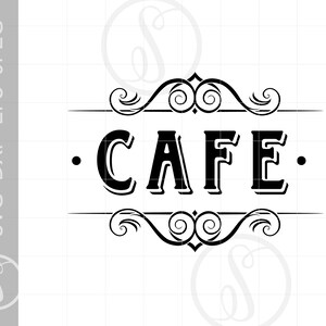 May include: Black and white graphic design of the word "CAFE" with decorative flourishes above and below the word.