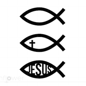 May include: Three black and white fish symbols. The first fish symbol is empty. The second fish symbol has a cross inside. The third fish symbol has the word "JESUS" inside.