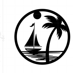 May include: Black and white silhouette of a sailboat with a palm tree and a sun in a circle.