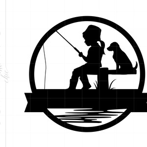 May include: Black silhouette of a person fishing with a dog, set within a circular frame. The person is seated on a dock, holding a fishing rod, with a dog sitting beside them. The design includes the text "sunflower chic" and a banner.
