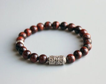 Red Tigers Eye Tibetan Mantra Bracelet, OM Mani Padme Hum, Meditation Bracelet, Buddha Buddhist Bracelet, Womens Bracelet, Mens Bracelet