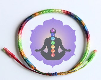 Tibetan Lucky Rope Knot Bracelet, 7 Chakra Reiki Bracelet, Rainbow Bracelet, 2019 Bracelet, Yoga Bracelet, Meditation, For Men, For Women,