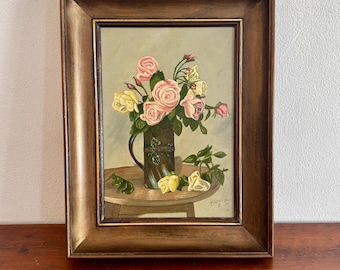 Pintura al óleo antigua original de naturaleza muerta floral con rosas, fechada en 1930.