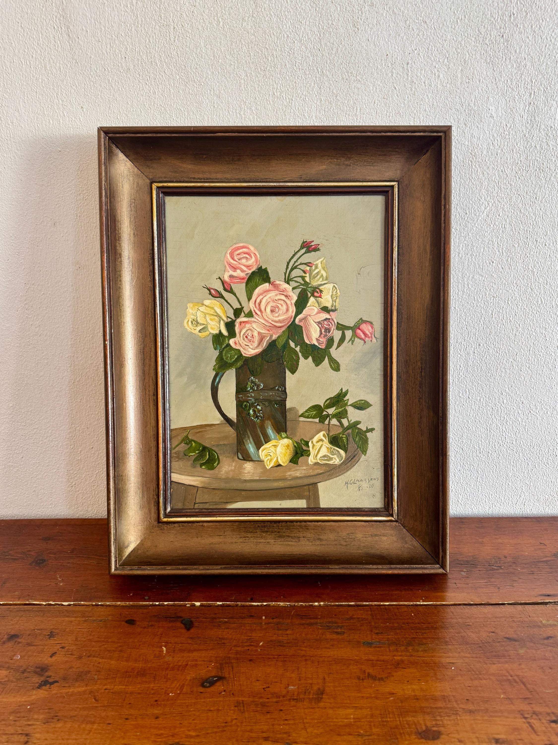 アンティークな額縁　バラの静物油絵油彩 絵画　バラ　レトロ額縁油彩画 花瓶の花 アンティーク花の静物油絵 | ピンクのバラ | ミッドセンチュリーの額