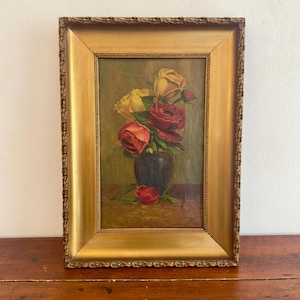 アンティーク油絵、キャンバスに描かれたヴィンテージの花の油絵、花束の静物画、バラの絵、金枠の静物画、39 x 53 cm 額入り