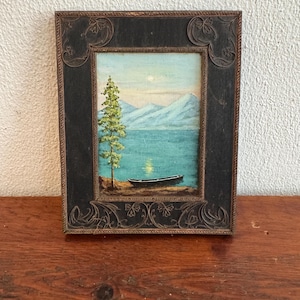 paysage lacustre vintage, coucher de soleil sur le lac, mini peinture à l'huile bleue, huile sur panneau de mauvaise humeur rêveuse, peinture d'Europe de l'Est, encadré 12,5 x 15,5 cm