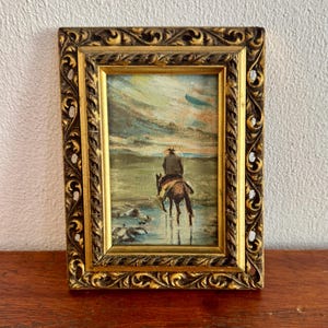 Mini tableau ancien, peinture à l'huile vintage, tableau cheval, cadre doré antique, petit tableau classique, homme à cheval, 13 x 17 cm encadré