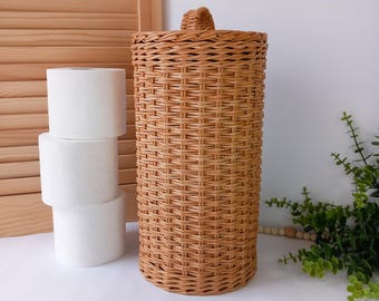 Cesta de mimbre para papel higiénico con tapa – Organizador de baño bohemio