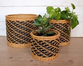 Set of 3 wicker planter basket Natural and Black Boho houseplant decorative basket Bohemian plant holder Indoor garden decor