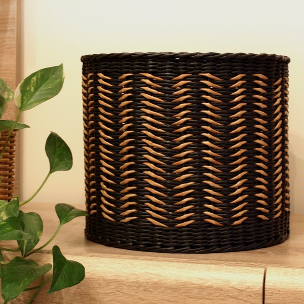 Black large wicker basket planter. Modern indoor planter for wicker home decor.