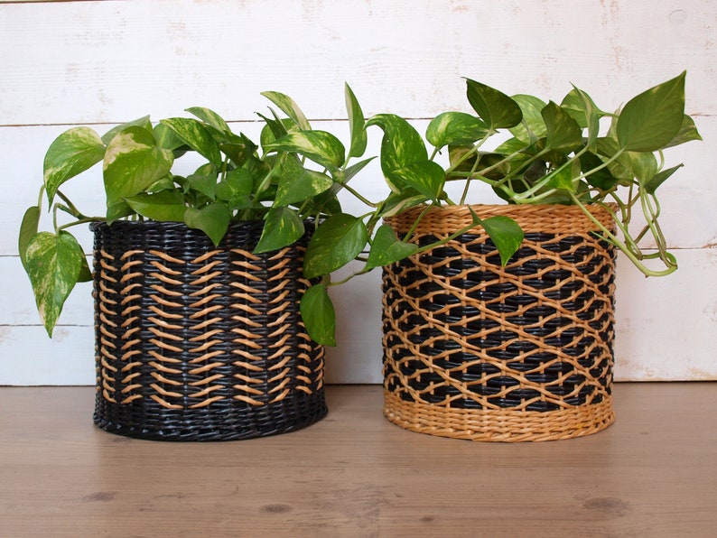 Set of 2 wicker planter basket Natural Black Beige Pot Holder Etsy