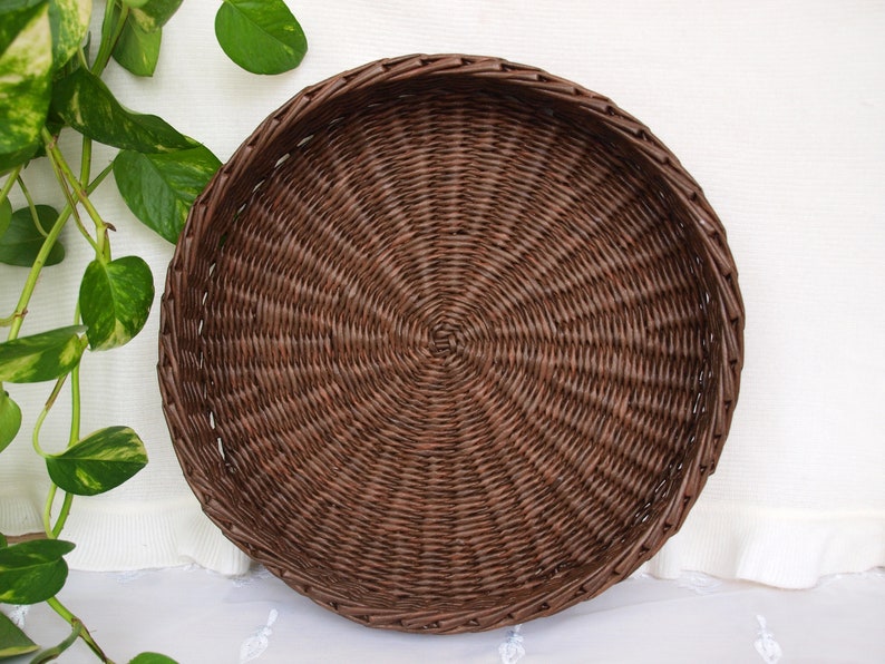 Brown round decorative tray Wicker tray Coffee table Serving Etsy