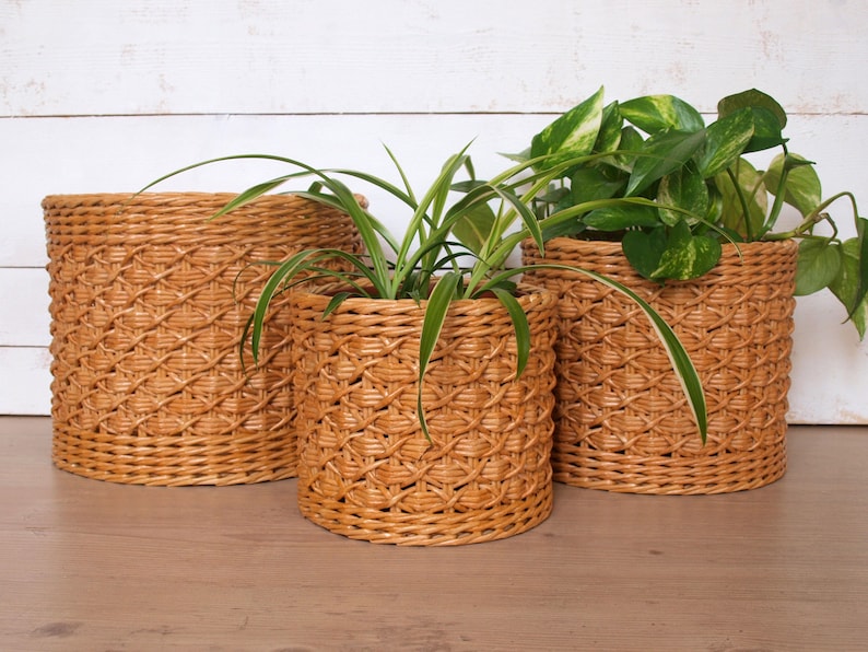 Wicker planter pot holder Indoor planter basket Boho decorative houseplant Natural Beige bohemian plant Indoor garden decor image 3