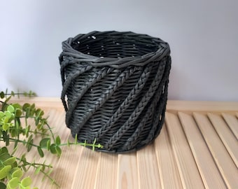 Modern Black Wicker Planter Basket- Boho Charm for Your Home