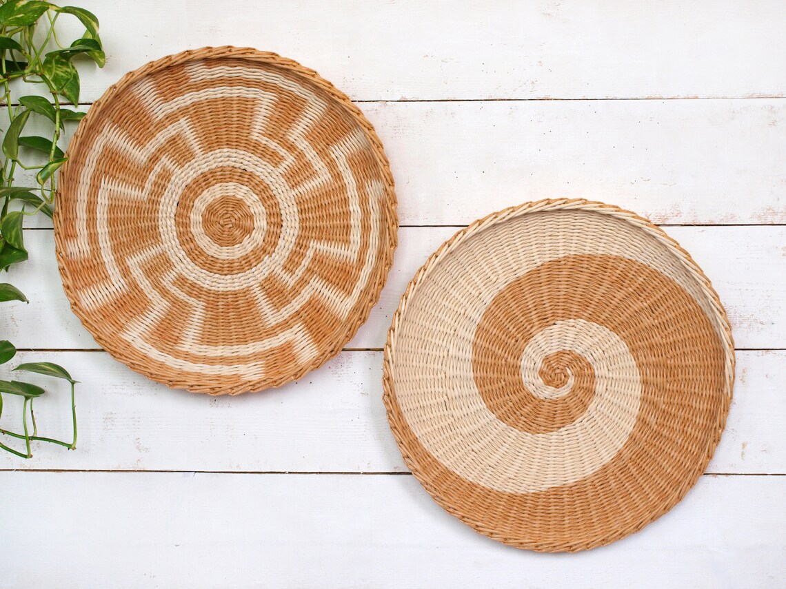 Set of 2 large wall hanging woven plates decorative baskets Etsy
