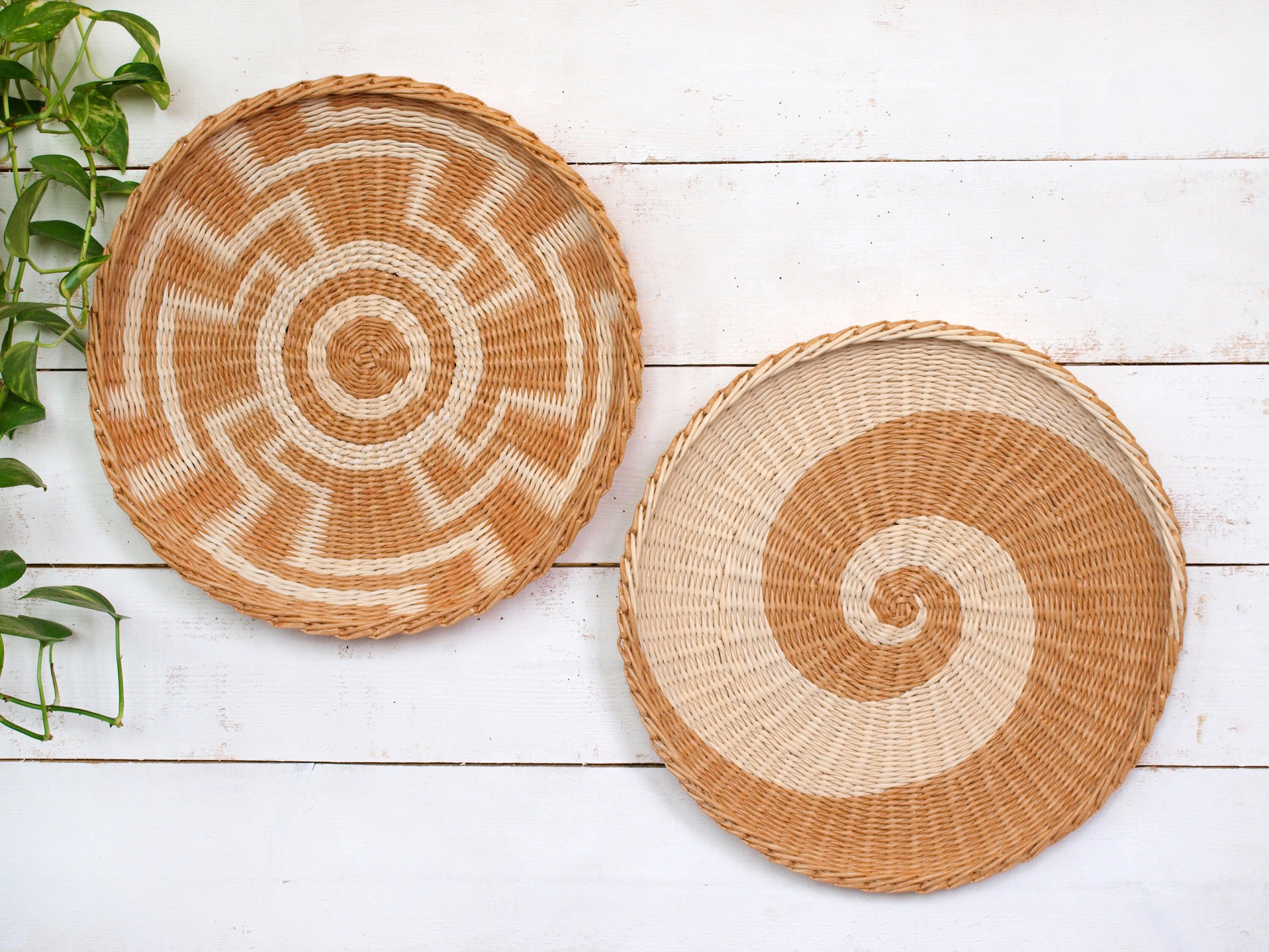 Set of 2 large wall hanging woven plates decorative baskets Etsy