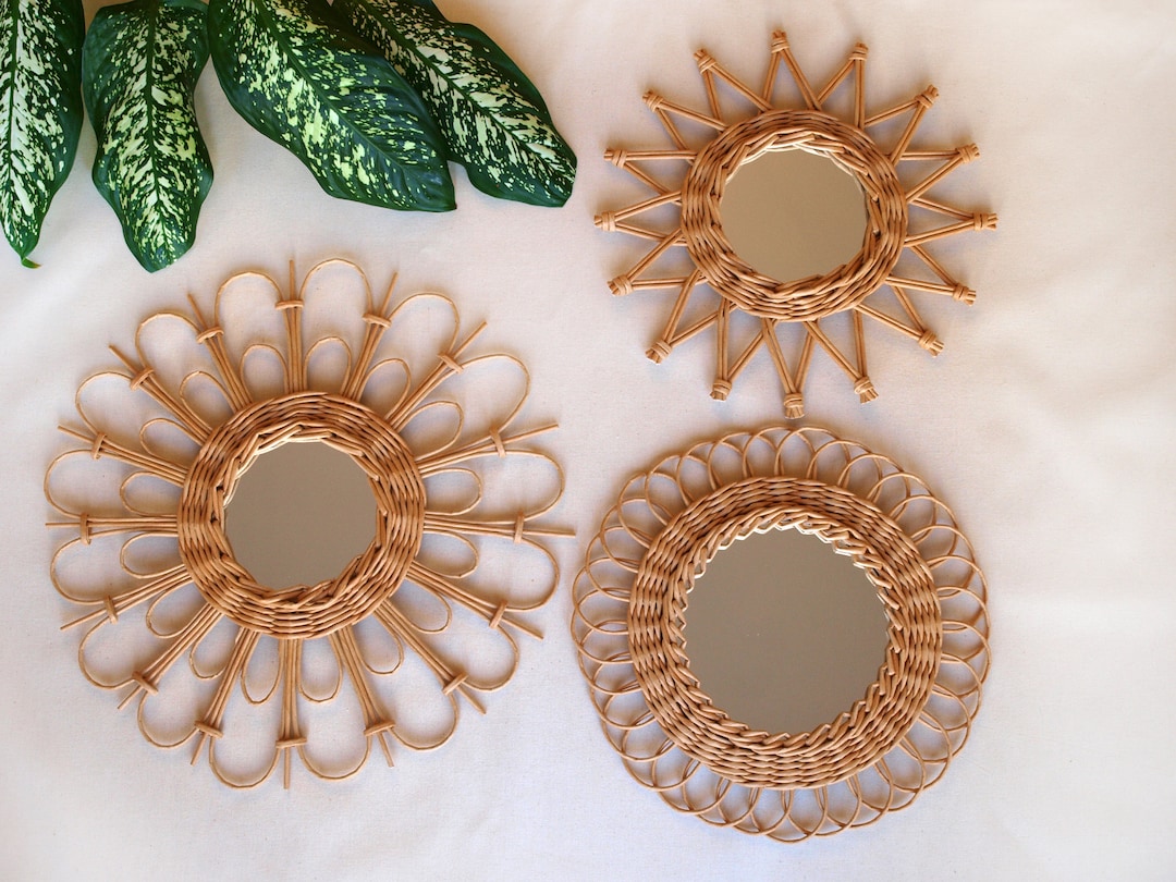 Set of 3 Rattan Mirror Wall Decor Mirror Boho Mirror Wicker Etsy