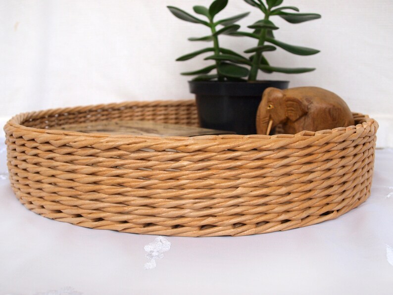 Beige round wicker tray Coffee table Serving tray Storage Etsy