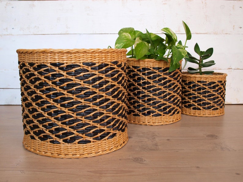 Set of 3 wicker planter basket Natural and Black Boho Etsy