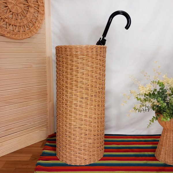 Wicker umbrella stand, umbrella holder, tall basket for entryway.