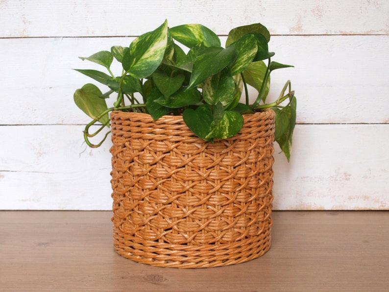 Wicker planter pot holder Indoor planter basket Boho decorative houseplant Natural Beige bohemian plant Indoor garden decor Beige