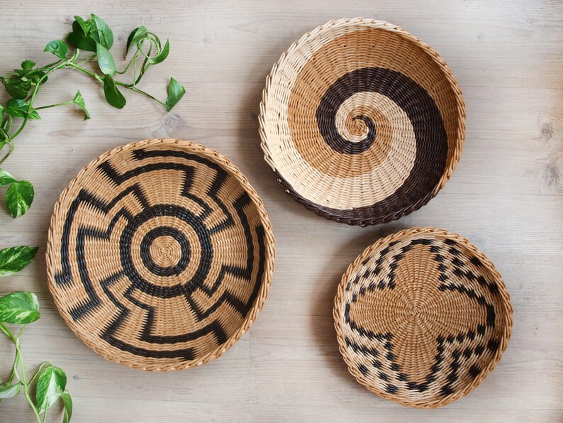 African Wall Basket Set Of 3 Wicker Baskets Woven Decor Large Bohemian Bowl