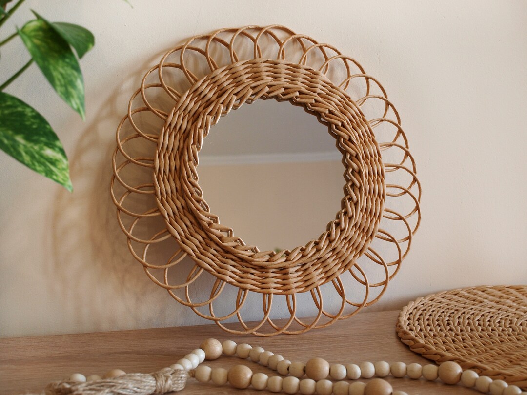 Rattan Mirror Flower Wall Decor Minimalist Boho Round Wicker Etsy