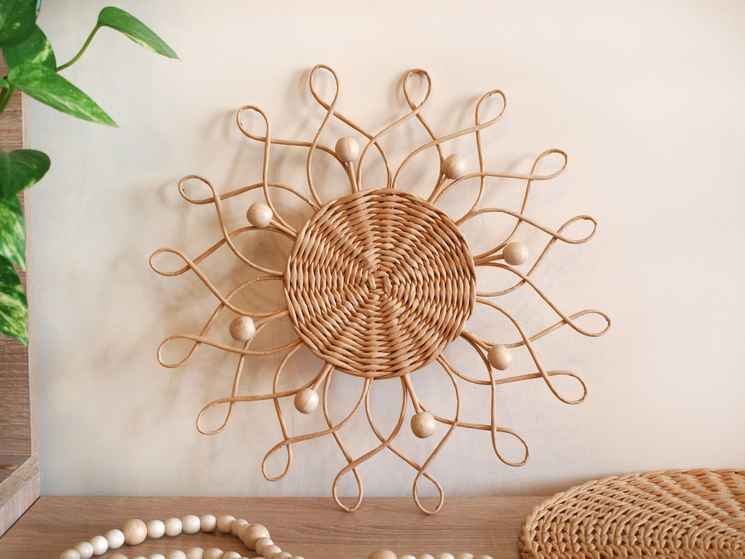 Boho Rattan Flower Wall Decor. Wicker Rattan Nursery Decor. Boho Shelf
