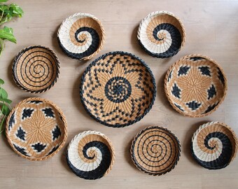 Set of 9 basket wall decor for basket gallery wall, Wicker wall decor, Boho beige black white basket for wall. African inspired wall plates.