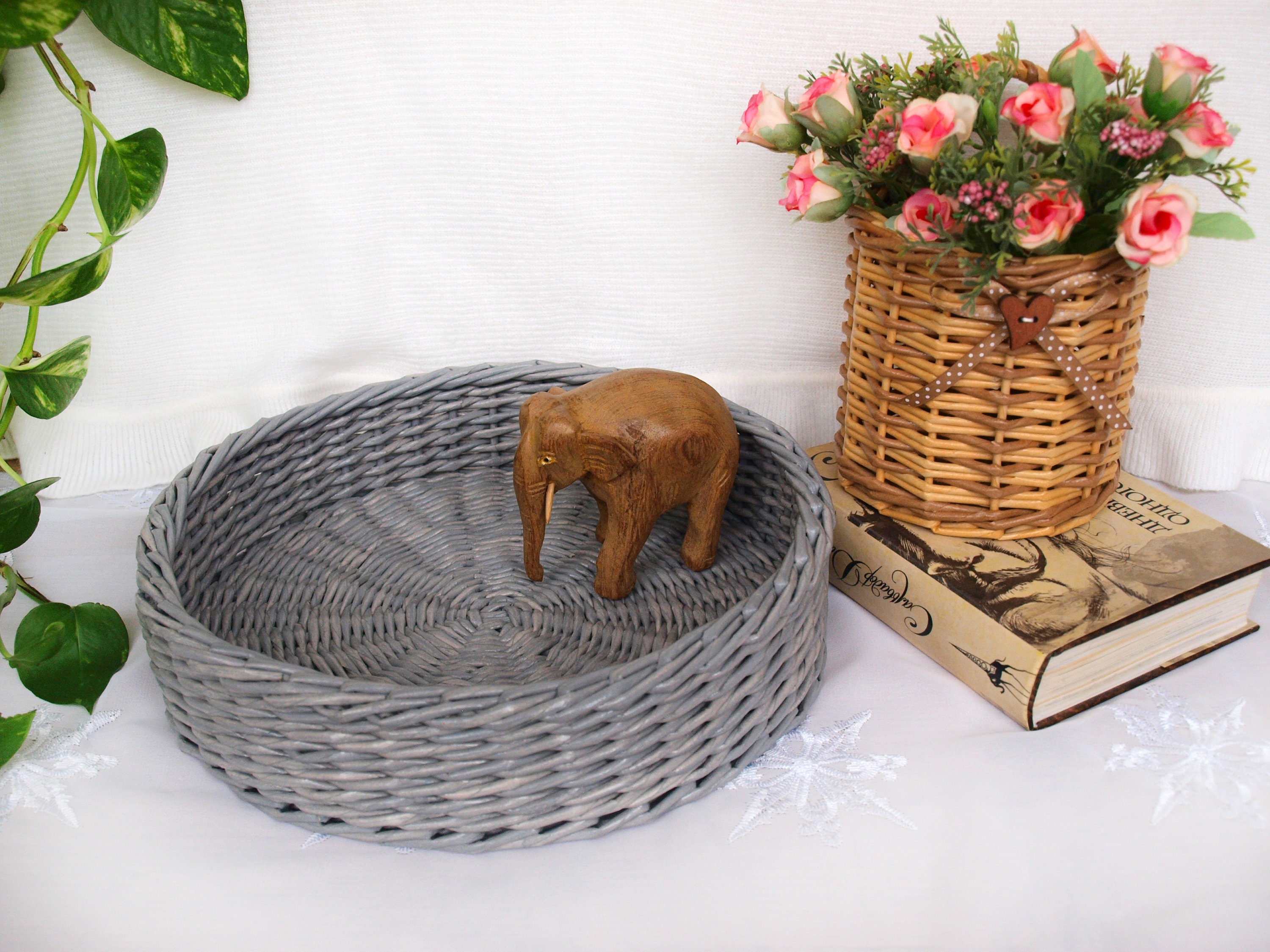 Gray round wicker basket tray Serving tray Coffee table Etsy