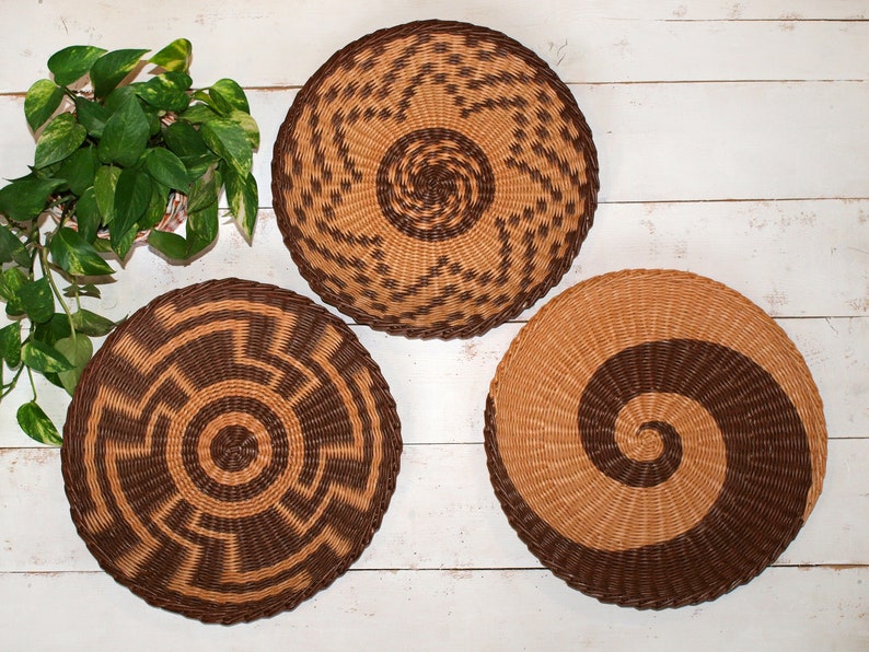 Set of 3 large woven plates African inspired wall Boho Etsy