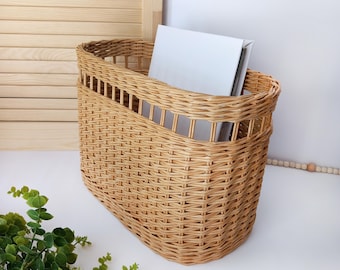 Wicker Magazine Storage Basket: Handmade Boho Narrow Basket For Books