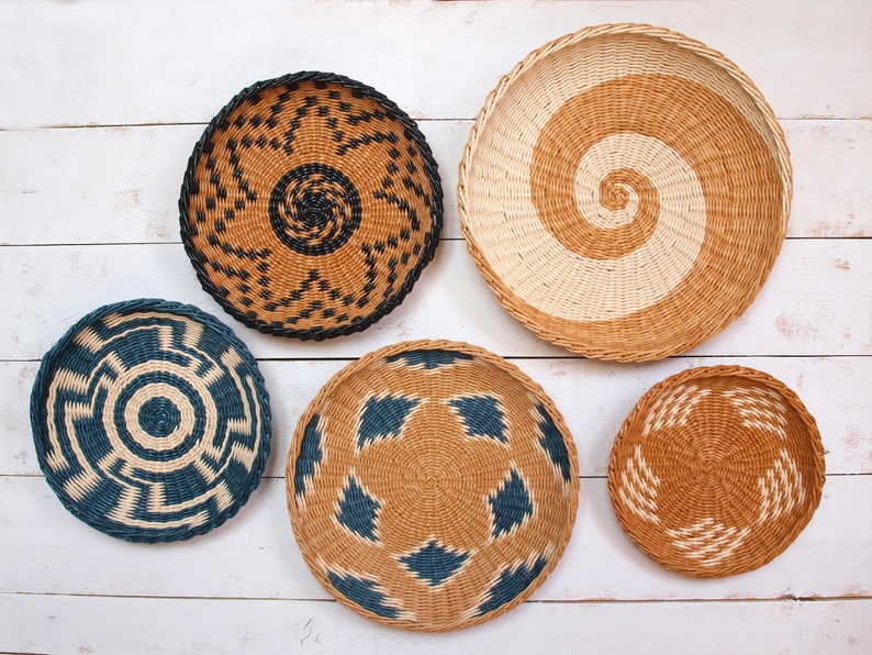 Set Of 5 Wall Plates African Inspired Woven Baskets Bohemian Boho Decor Basket Wicker Home Africa Housewarming Gift