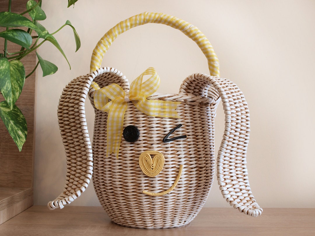 Easter Kids Bunny Basket, Wicker Bunny Basket With Pastel Yellow Ribbon