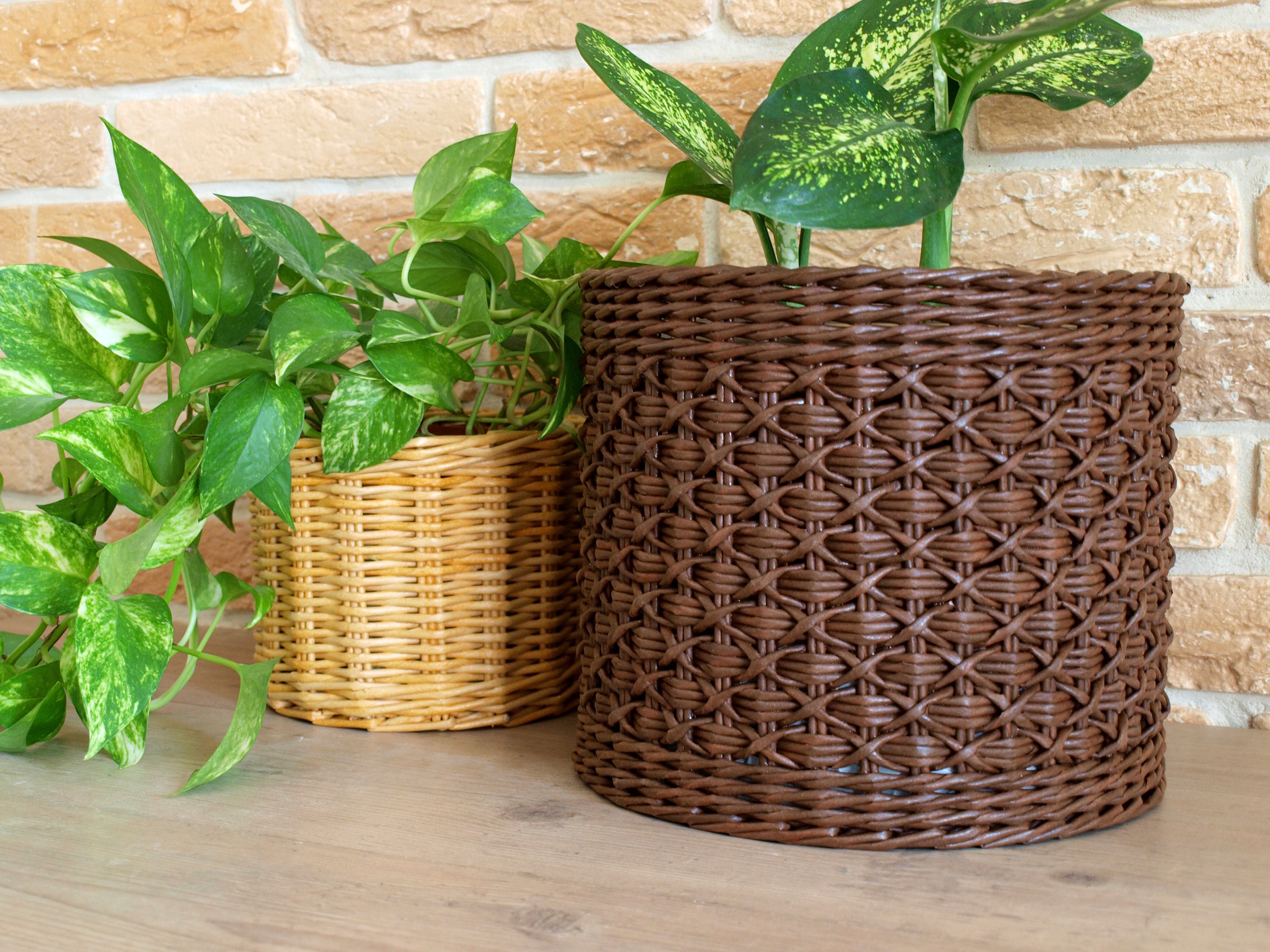 Brown Wicker planter pot holder Indoor planter basket Boho Etsy