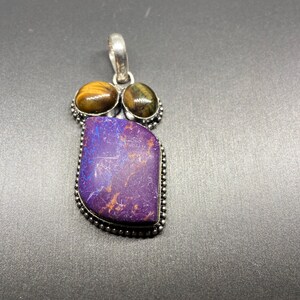 Purple turquoise and tigers eye sterling silver pendant 1.75”