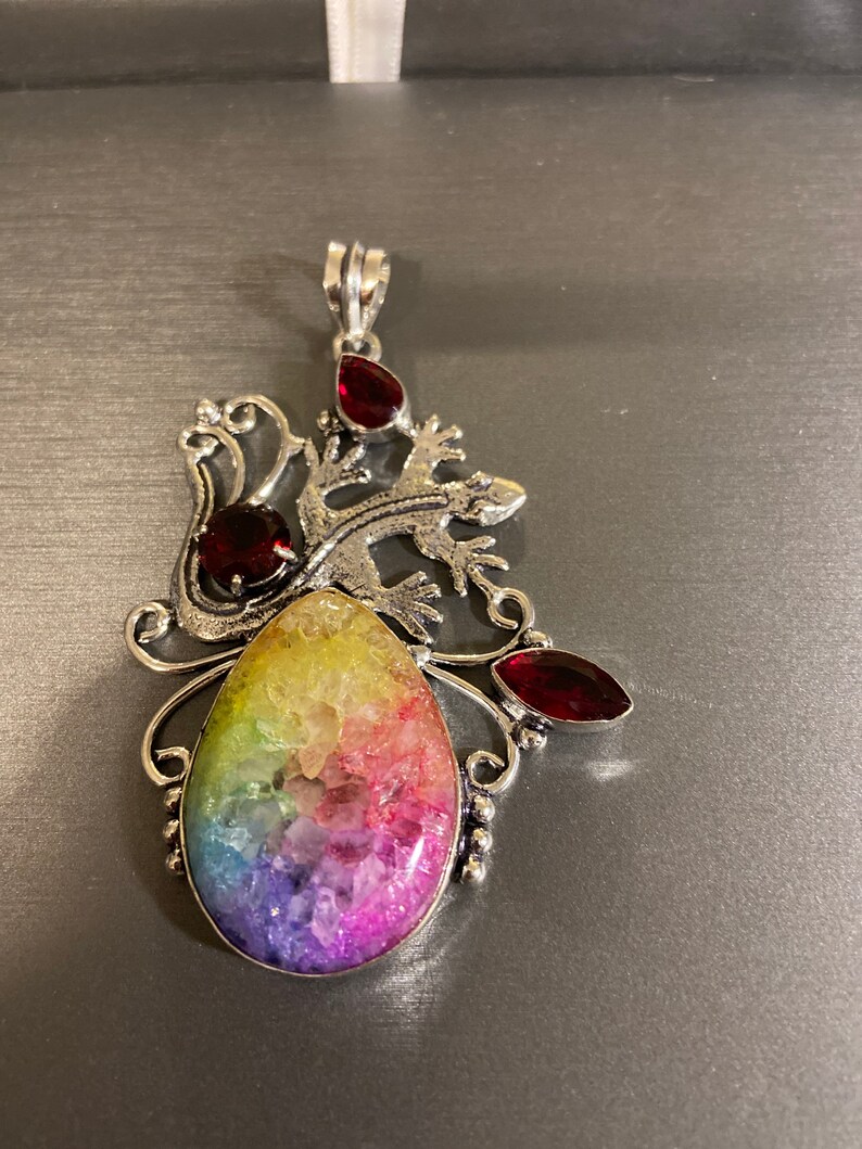 Garnet and rainbow solar quartz sterling silver lizard pendant 3\u201d