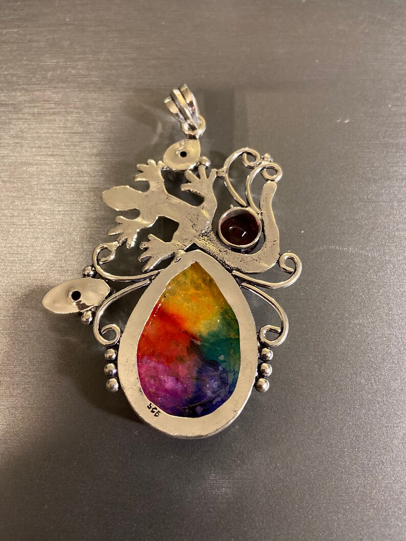 Garnet and rainbow solar quartz sterling silver lizard pendant 3\u201d