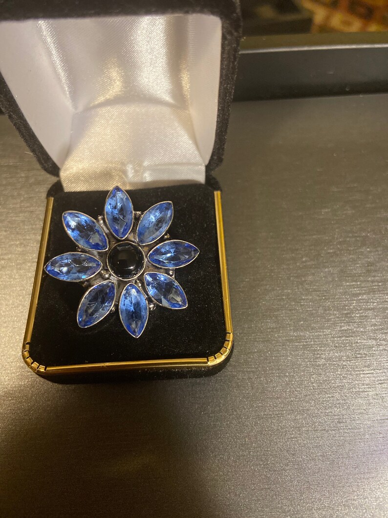 Blue topaz and black onyx sterling size Quantity limited ring silver flower 8 Popular products