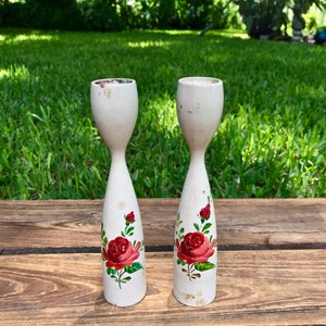 Vintage Mid Century Modern Turned Wood Tulip Candle Holders, Distressed, Rustic