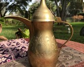 Vintage Dallah Brass Coffee Pot Bohemian Decor Arabic Coffee Pot Engraved Brass Pot Turkish Coffee Pot Brass Decor